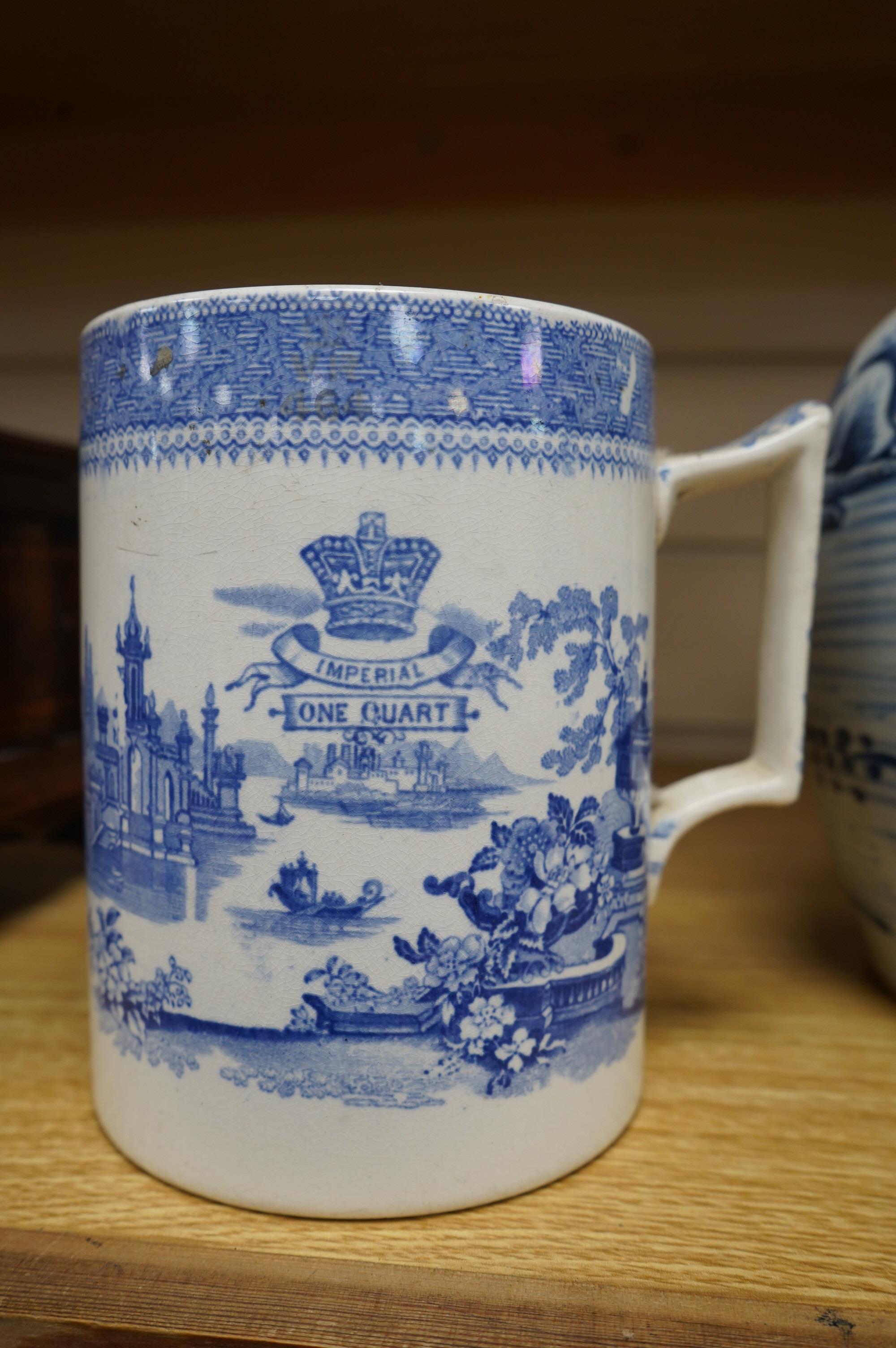 A 19th century Chinese blue and white ginger jar and cover and two pieces of Staffordshire blue-printed pottery, tallest 21cm. Condition - fair